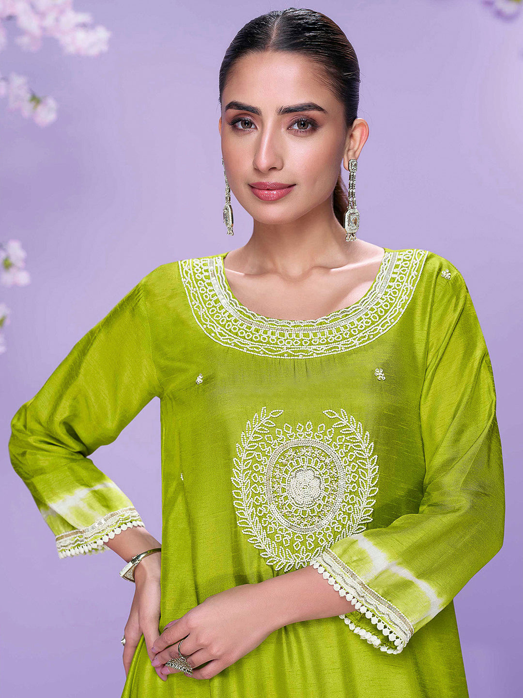 Lime Green Art Silk Embroidered Kurti With Pant &amp; Dupatta