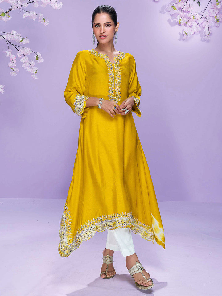 Mustard Art Silk Embroidered Kurti With Pant &amp; Dupatta