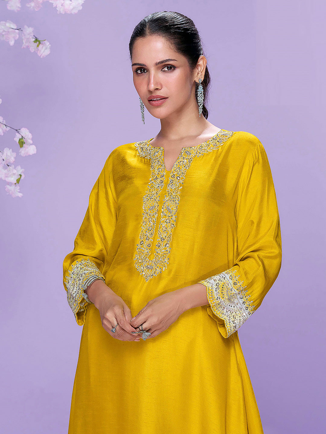 Mustard Art Silk Embroidered Kurti With Pant &amp; Dupatta