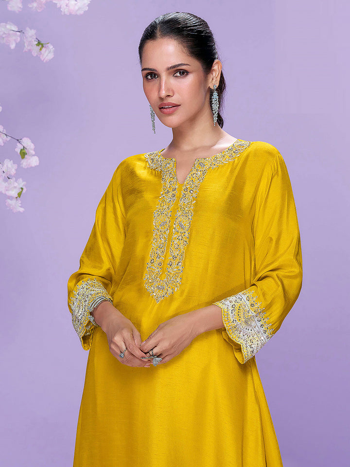 Mustard Art Silk Embroidered Kurti With Pant &amp; Dupatta
