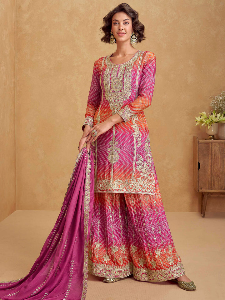 Pink-Orange Chinon Embroidered Kurta With Palazzo &amp; Dupatta