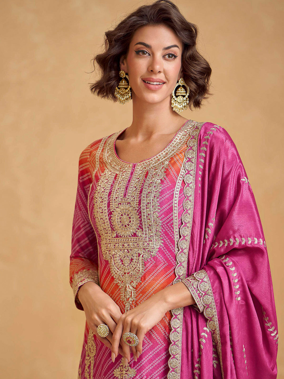 Pink-Orange Chinon Embroidered Kurta With Palazzo &amp; Dupatta