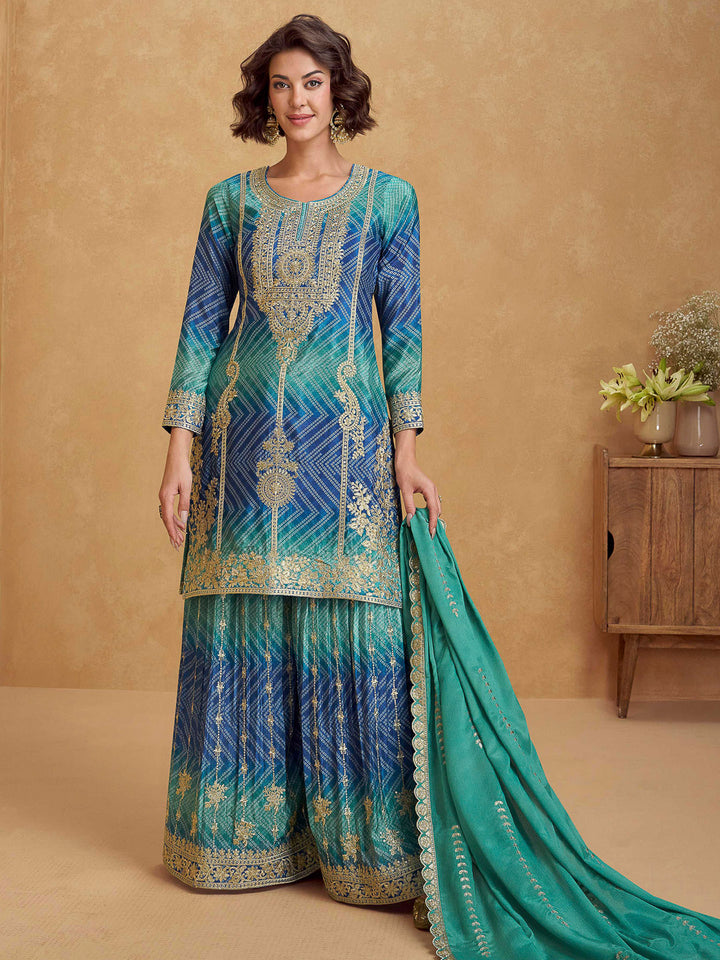 Rama Green Chinon Embroidered Kurta With Palazzo &amp; Dupatta