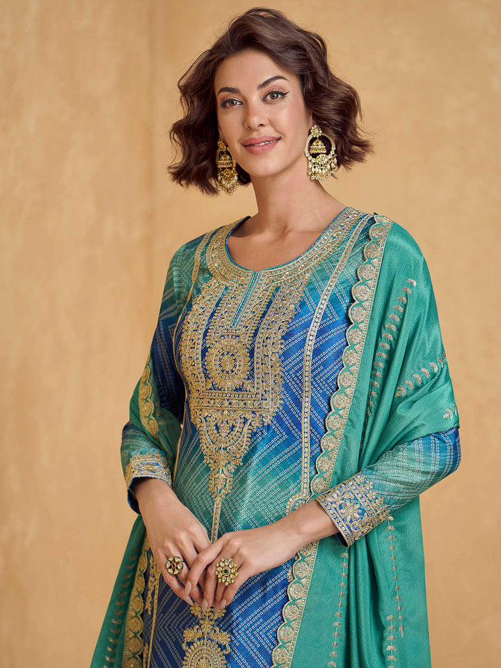 Rama Green Chinon Embroidered Kurta With Palazzo &amp; Dupatta