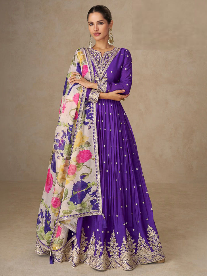 Purple Chinon Embroidered Anarkali Gown With Dupatta