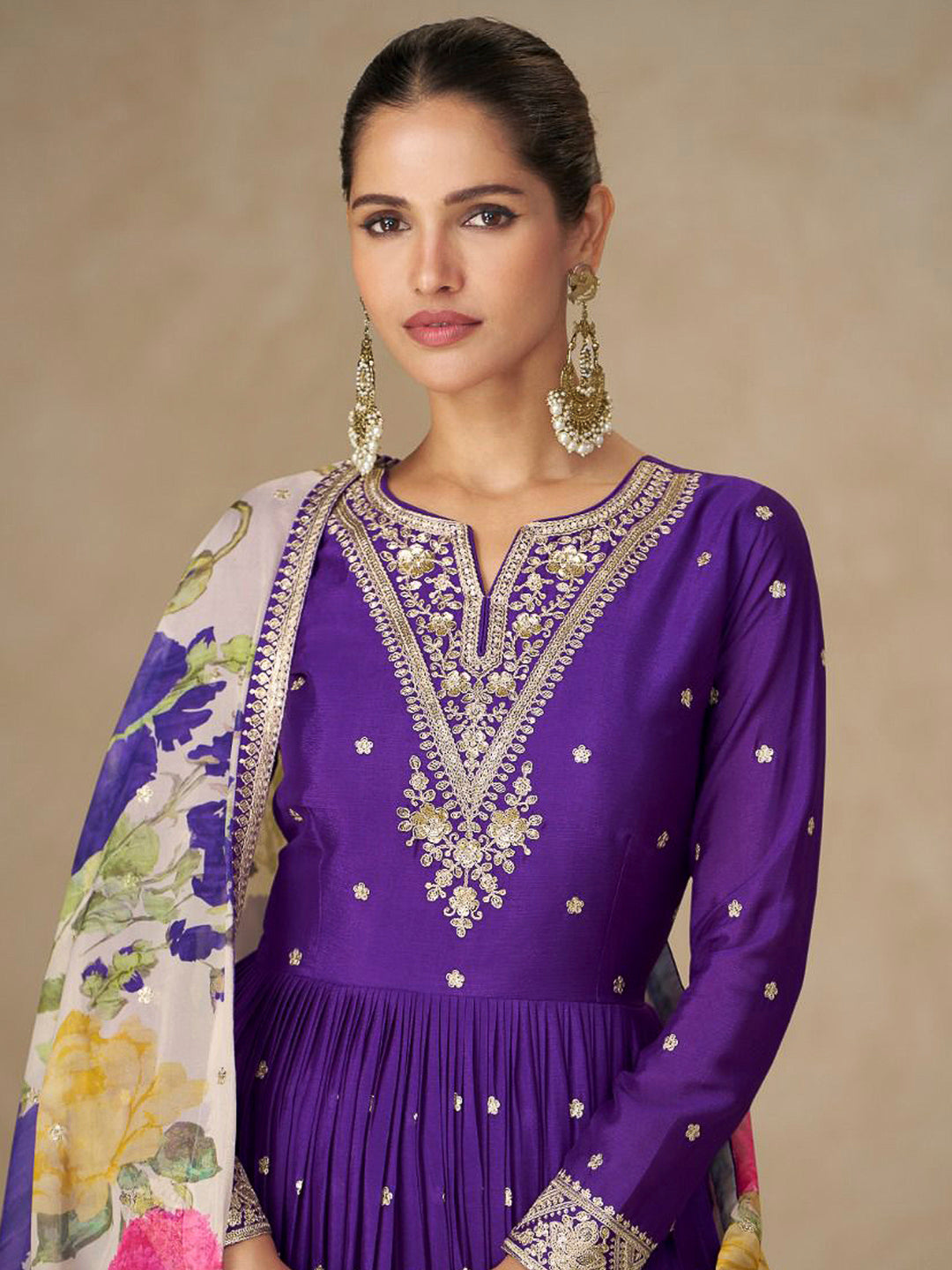 Purple Chinon Embroidered Anarkali Gown With Dupatta