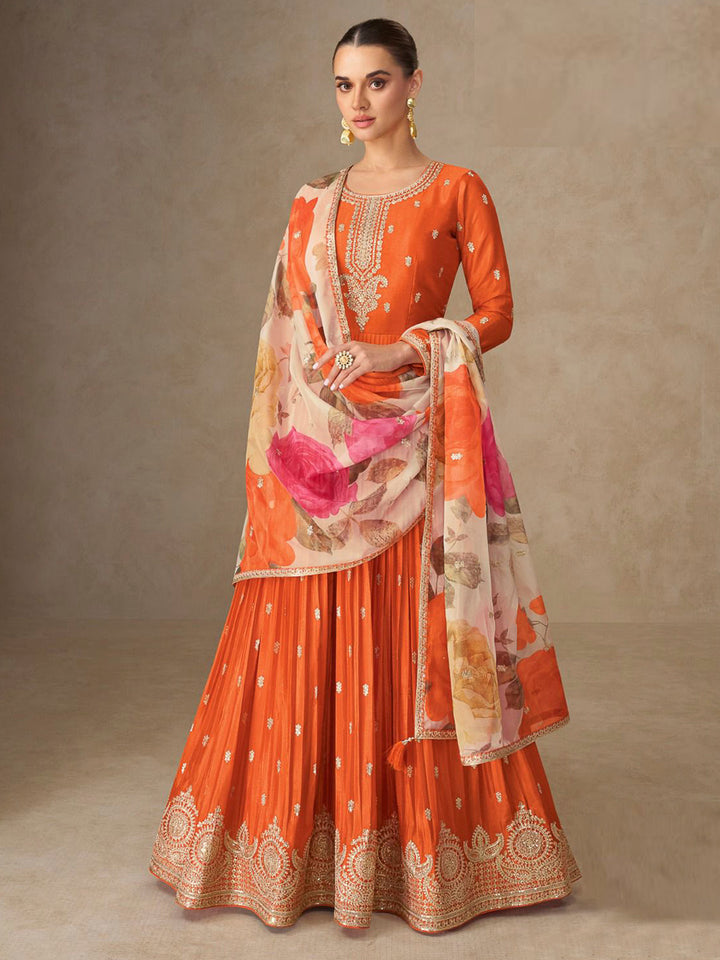 Orange Chinon Embroidered Anarkali Gown With Dupatta