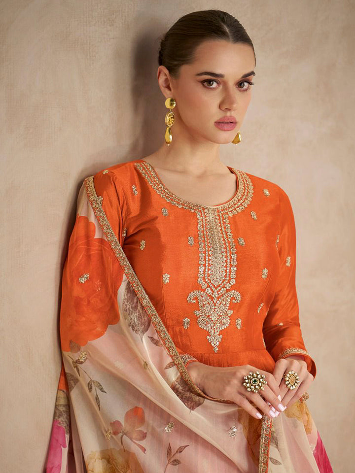 Orange Chinon Embroidered Anarkali Gown With Dupatta