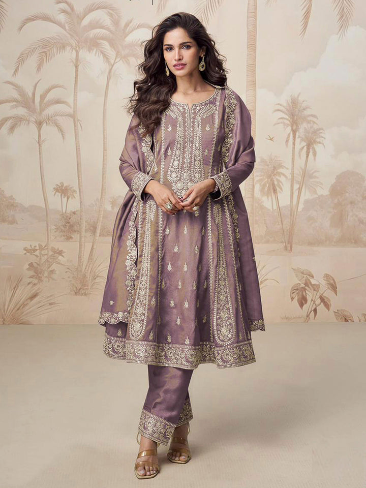 Mauve Art Silk Embroidered Anarkali &amp; Pant With Dupatta