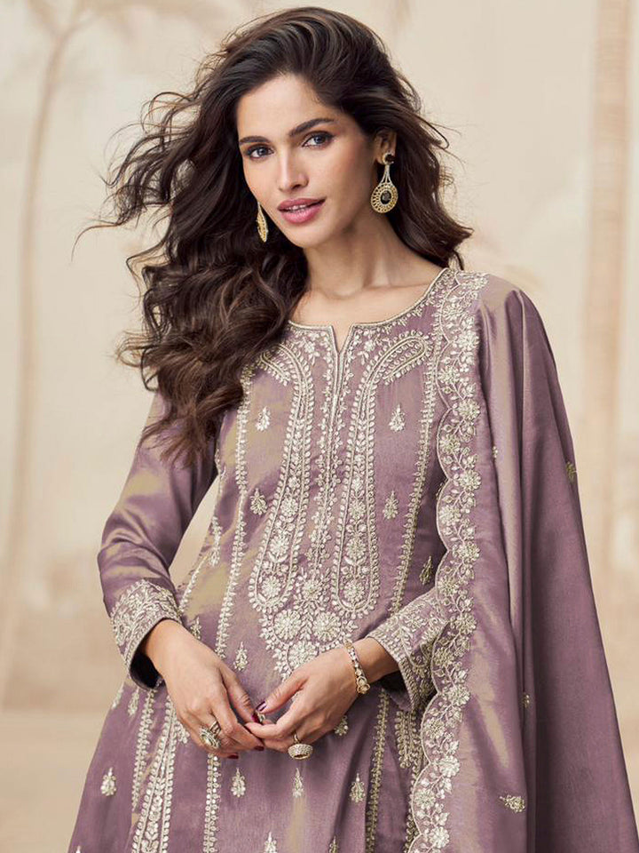 Mauve Art Silk Embroidered Anarkali &amp; Pant With Dupatta