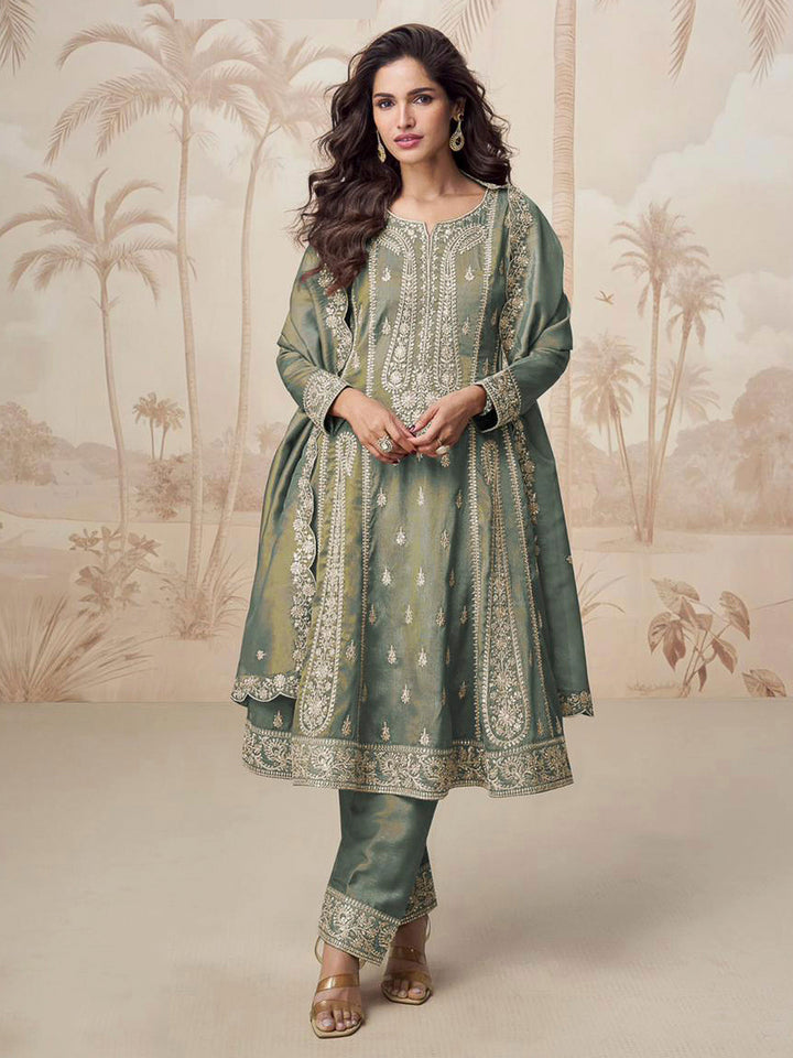 Green Art Silk Embroidered Anarkali &amp; Pant With Dupatta