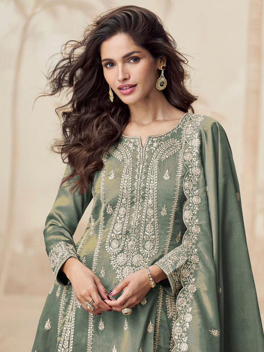 Green Art Silk Embroidered Anarkali &amp; Pant With Dupatta