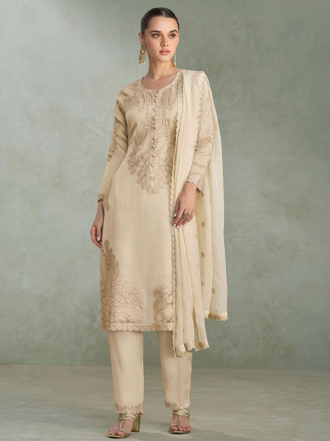Beige Chinon Embroidered Kurta With Pant &amp; Dupatta