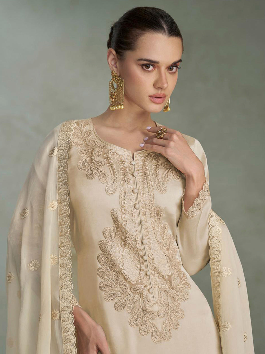 Beige Chinon Embroidered Kurta With Pant &amp; Dupatta