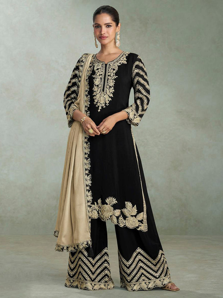 Black Chinon Embroidered Kurta With Palazzo &amp; Dupatta