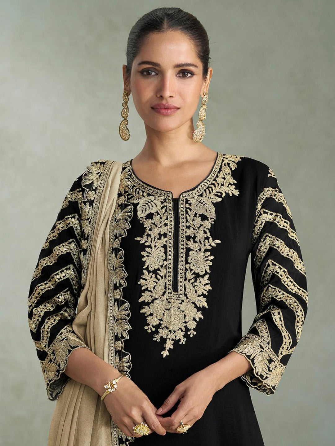 Black Chinon Embroidered Kurta With Palazzo &amp; Dupatta