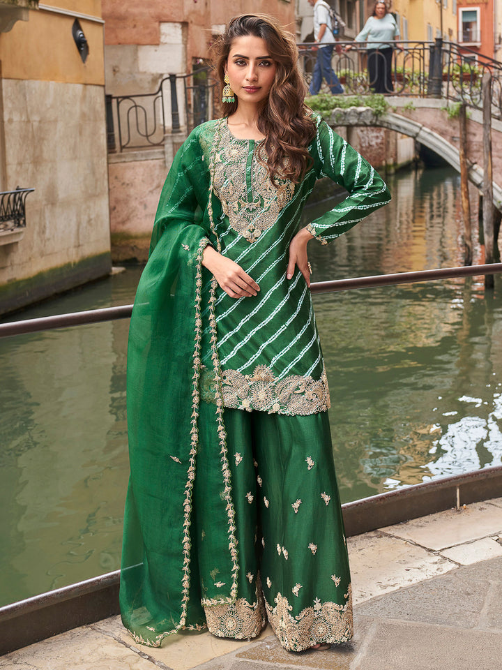 Green Chinon Embroidered Kurta With Palazzo &amp; Dupatta