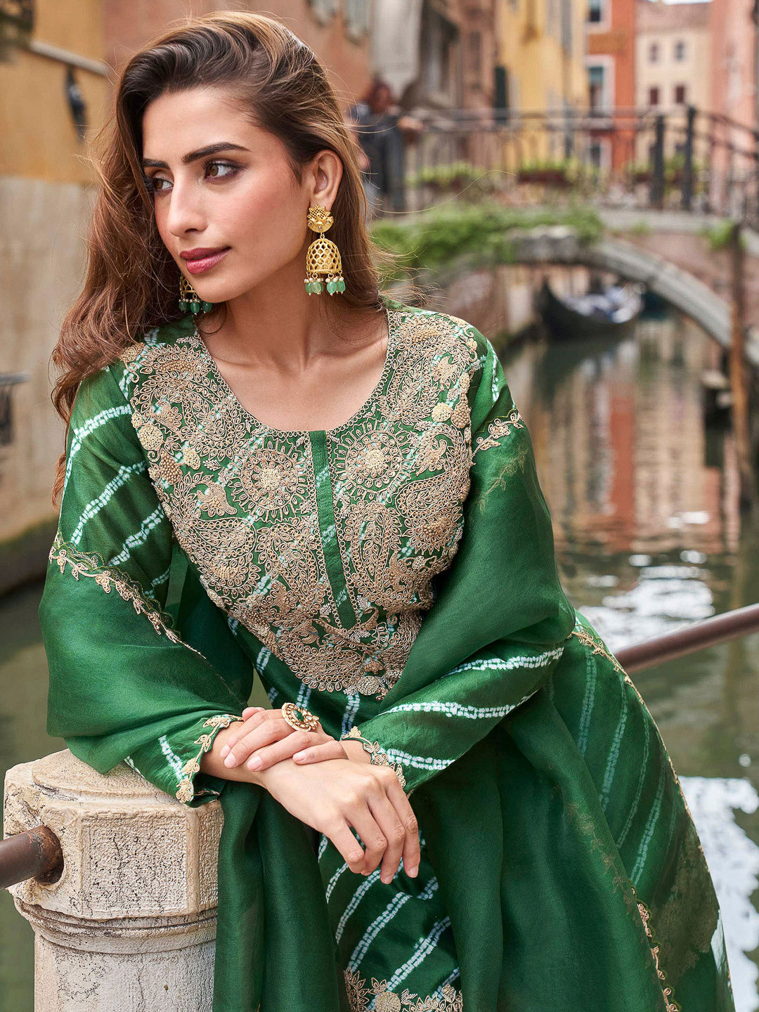 Green Chinon Embroidered Kurta With Palazzo &amp; Dupatta