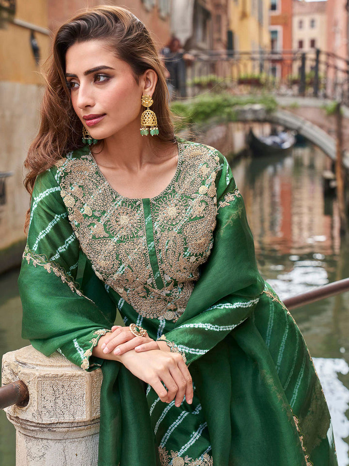 Green Chinon Embroidered Kurta With Palazzo &amp; Dupatta