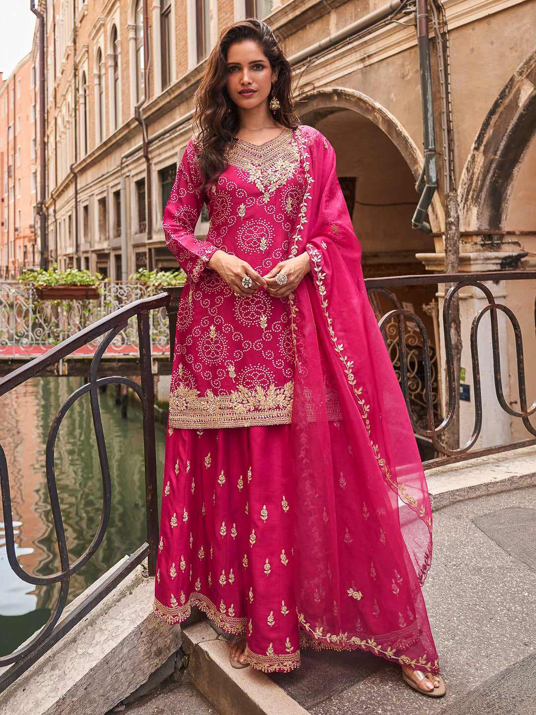 Rani Chinon Embroidered Kurta With Palazzo &amp; Dupatta