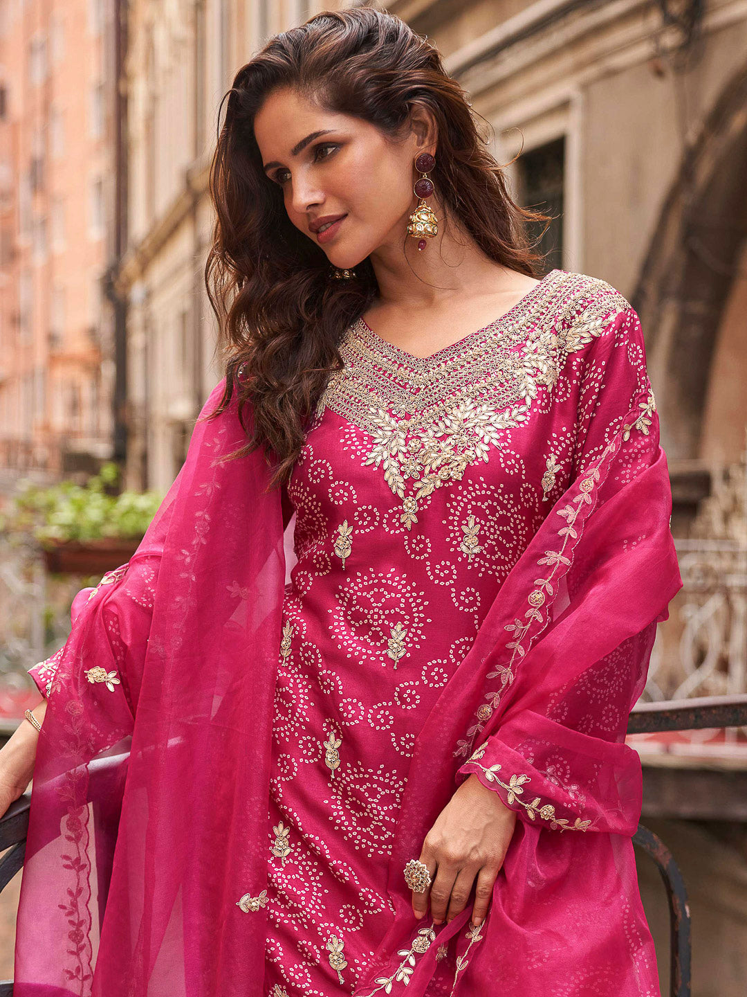 Rani Chinon Embroidered Kurta With Palazzo &amp; Dupatta