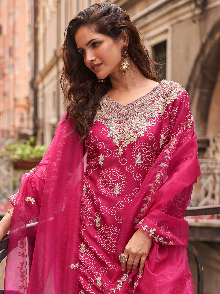 Rani Chinon Embroidered Kurta With Palazzo &amp; Dupatta
