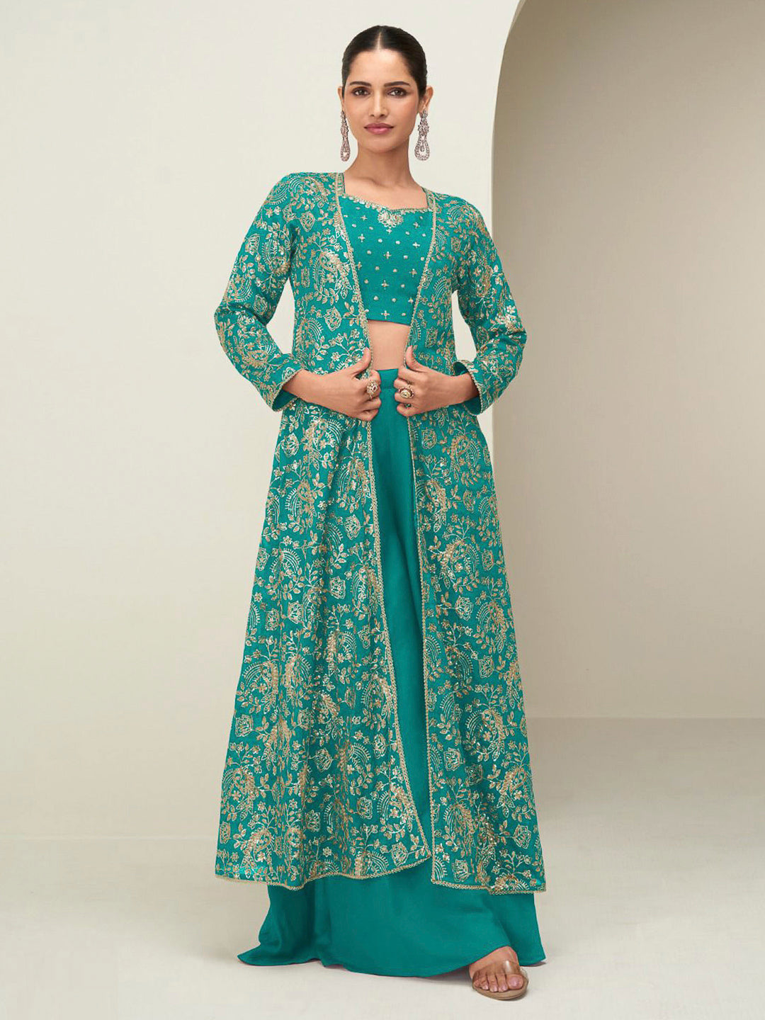 Teal Green Chinon Embroidered Blouse With Palazzo &amp; Jacket