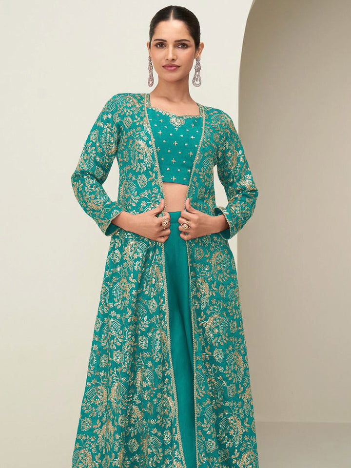 Teal Green Chinon Embroidered Blouse With Palazzo &amp; Jacket