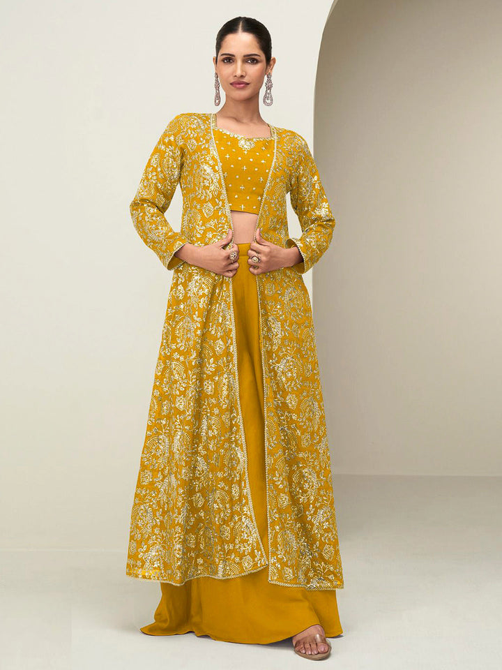 Yellow Chinon Embroidered Blouse With Palazzo &amp; Jacket