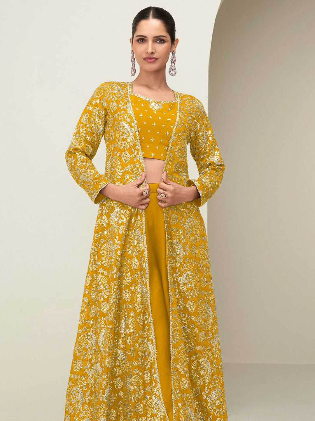 Yellow Chinon Embroidered Blouse With Palazzo &amp; Jacket