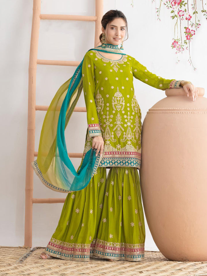 Green Chinon Handwork Kurta With Sharara &amp; Dupatta