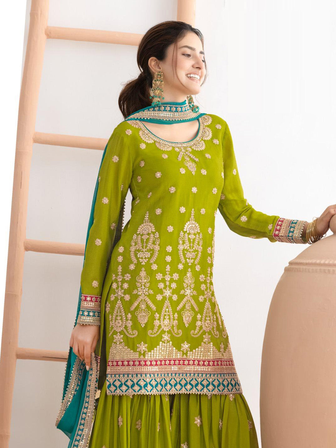 Green Chinon Handwork Kurta With Sharara &amp; Dupatta