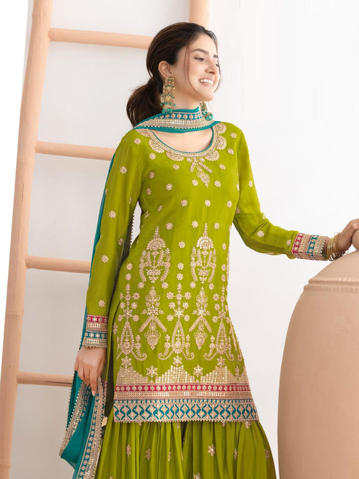 Green Chinon Handwork Kurta With Sharara &amp; Dupatta
