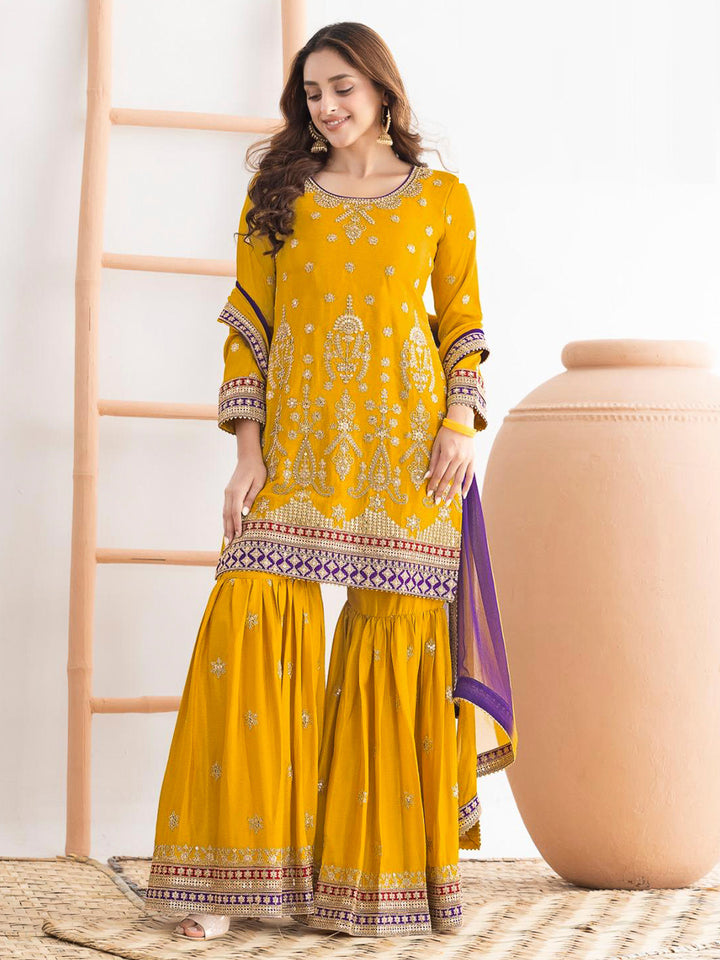 Yellow Chinon Handwork Kurta With Sharara &amp; Dupatta