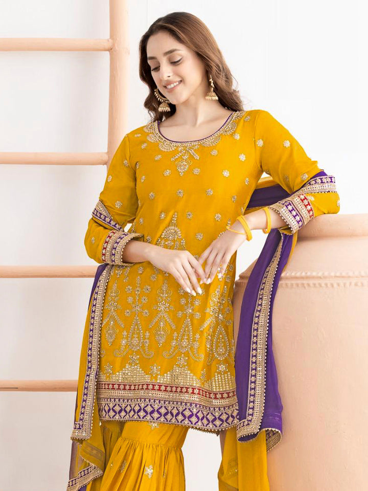 Yellow Chinon Handwork Kurta With Sharara &amp; Dupatta