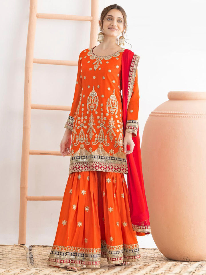 Orange Chinon Handwork Kurta With Sharara &amp; Dupatta
