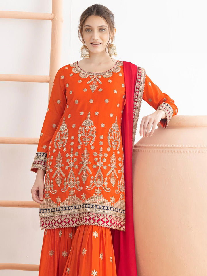 Orange Chinon Handwork Kurta With Sharara &amp; Dupatta