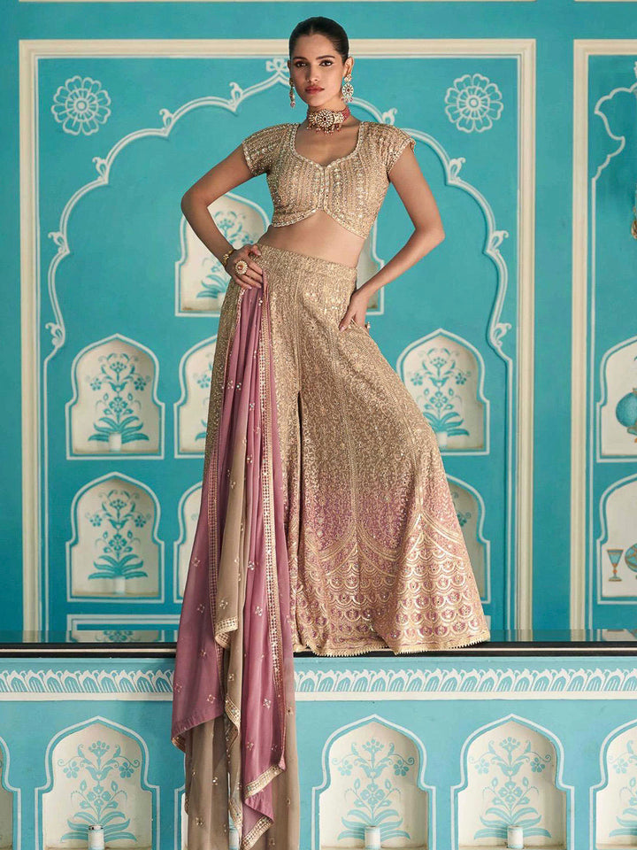 Pink Georgette Embroidered Blouse With Palazzo &amp; Dupatta