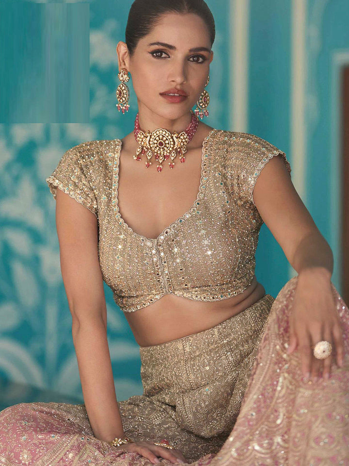 Pink Georgette Embroidered Blouse With Palazzo &amp; Dupatta