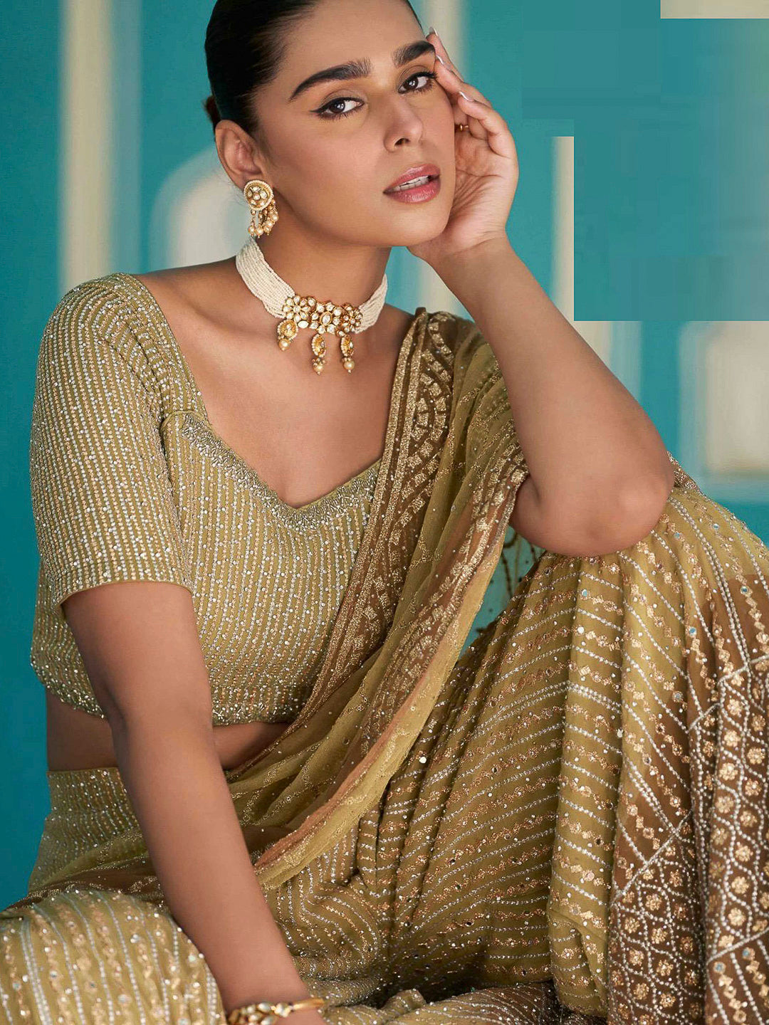 Gold Georgette Embroidered Blouse With Palazzo &amp; Dupatta