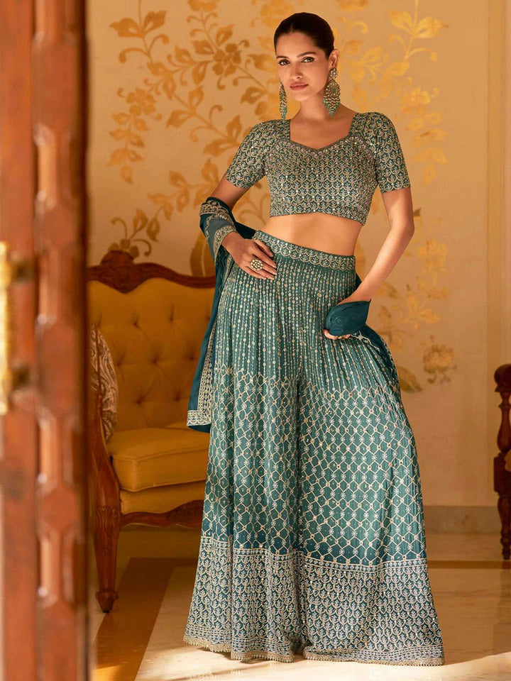 Teal Green Georgette Embroidered Blouse With Palazzo &amp; Dupatta