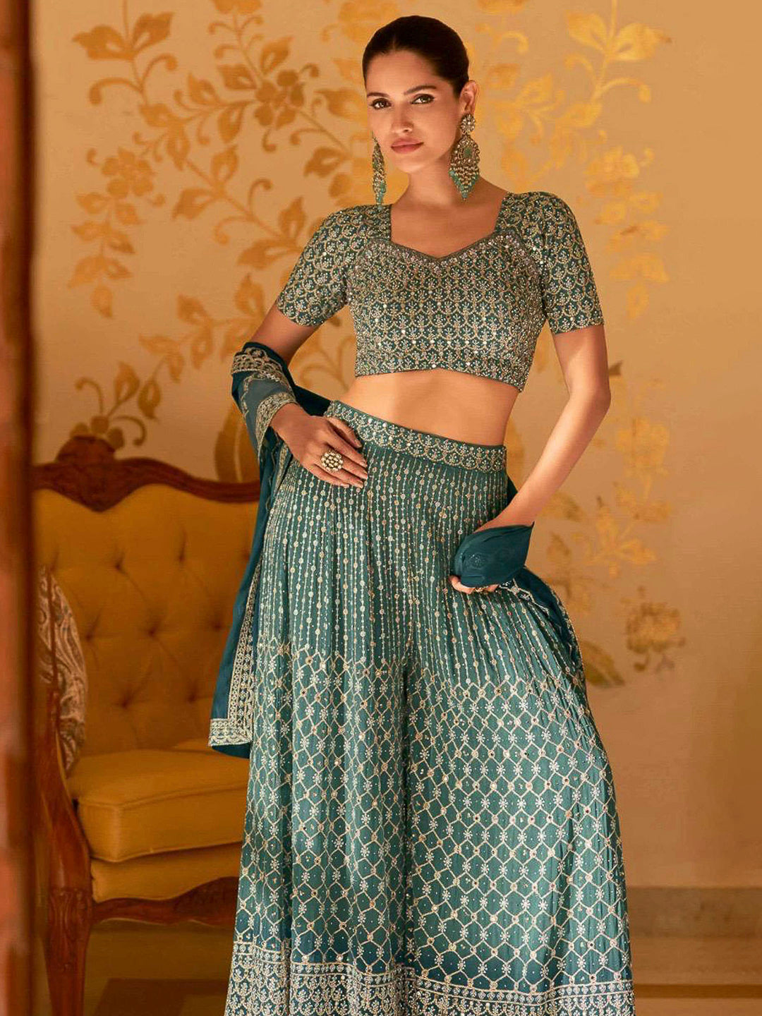 Teal Green Georgette Embroidered Blouse With Palazzo &amp; Dupatta