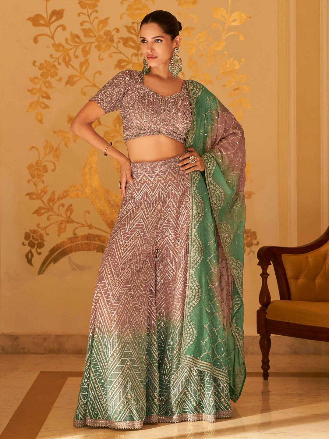 Mauve Georgette Embroidered Blouse With Palazzo &amp; Dupatta