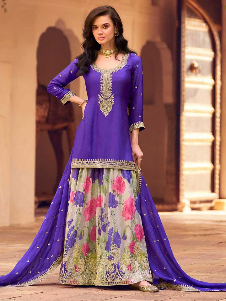 Blue Chinon Embroidered Kurta With Palazzo &amp; Dupatta