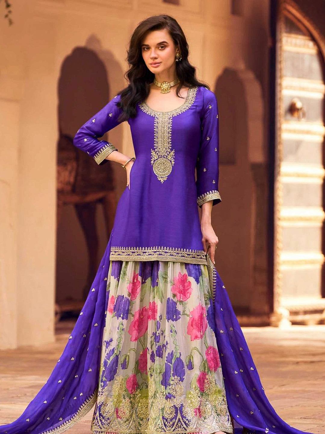 Blue Chinon Embroidered Kurta With Palazzo &amp; Dupatta