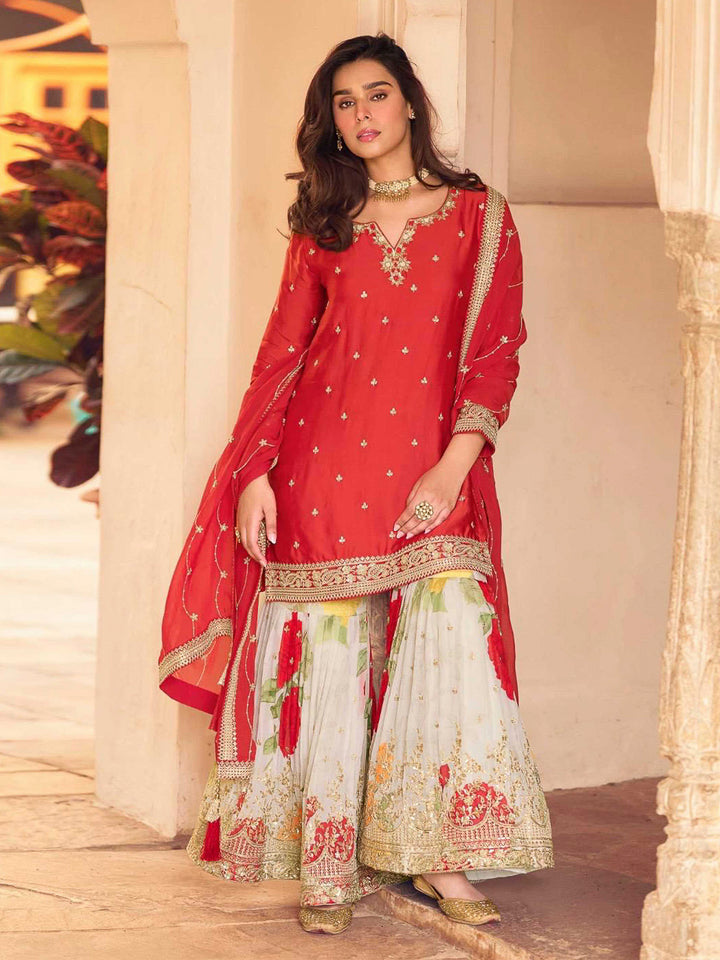 Red Chinon Embroidered Kurta With Palazzo &amp; Dupatta