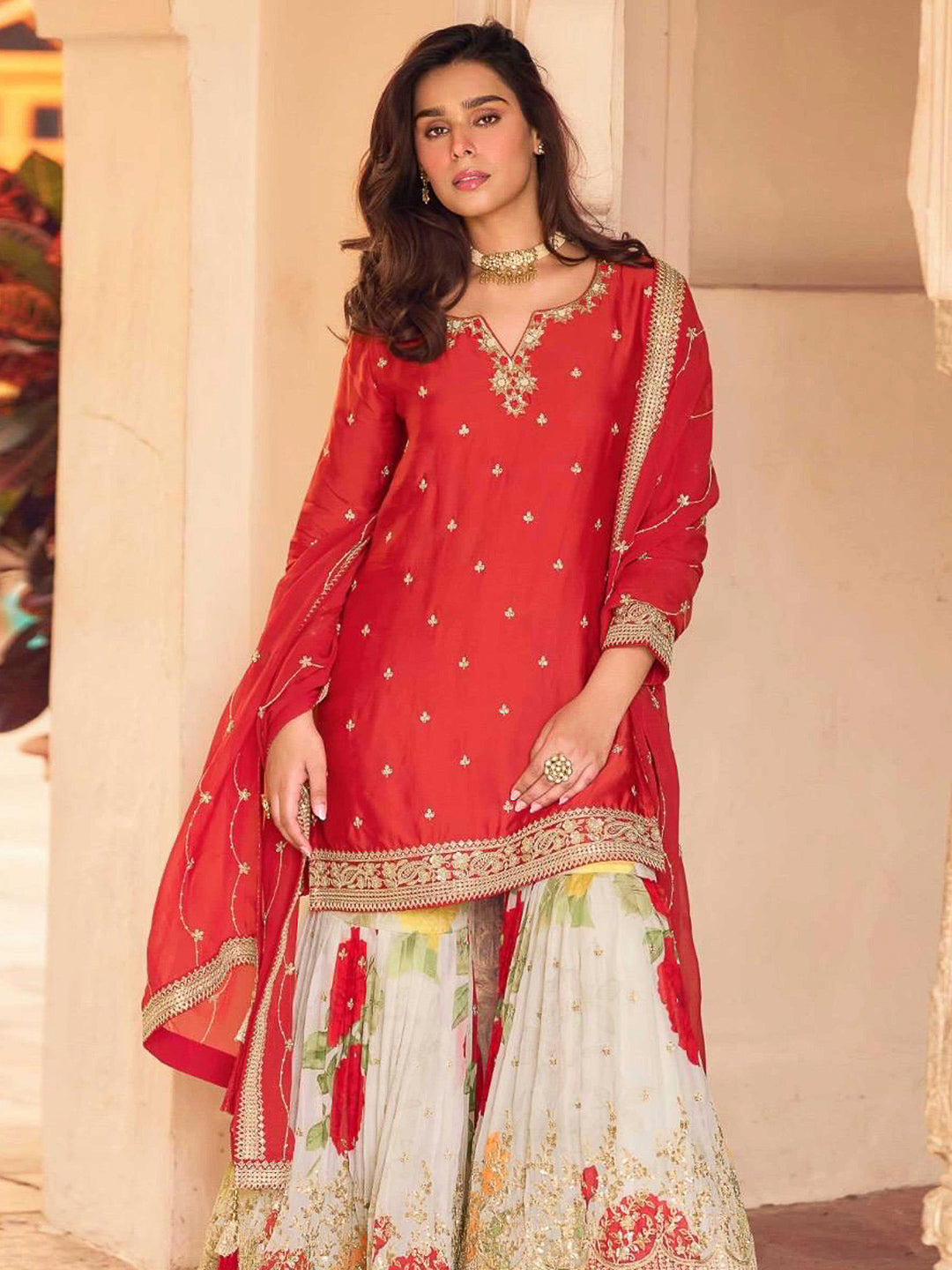 Red Chinon Embroidered Kurta With Palazzo &amp; Dupatta
