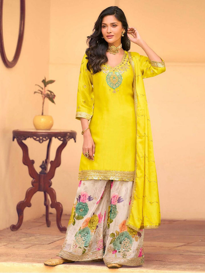 Yellow Chinon Embroidered Kurta With Palazzo &amp; Dupatta
