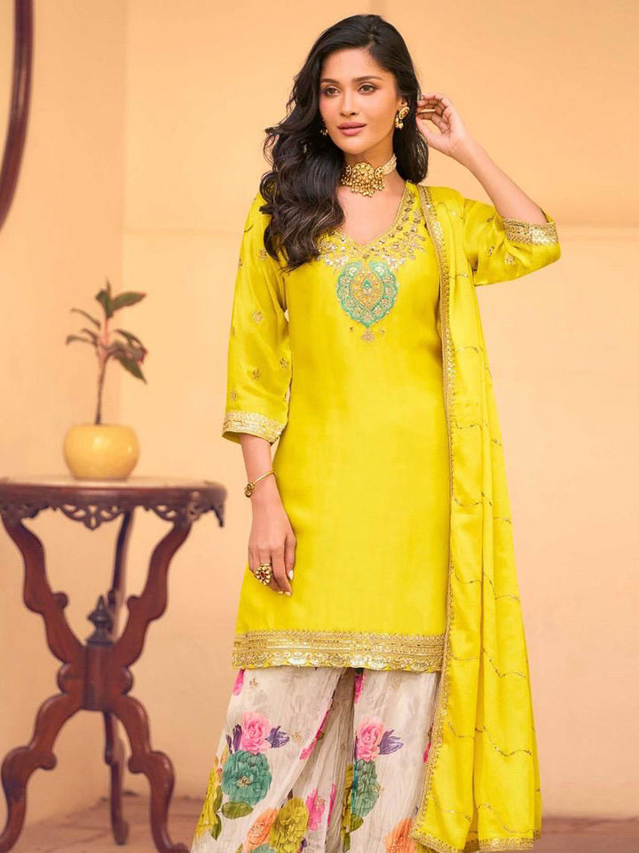 Yellow Chinon Embroidered Kurta With Palazzo &amp; Dupatta