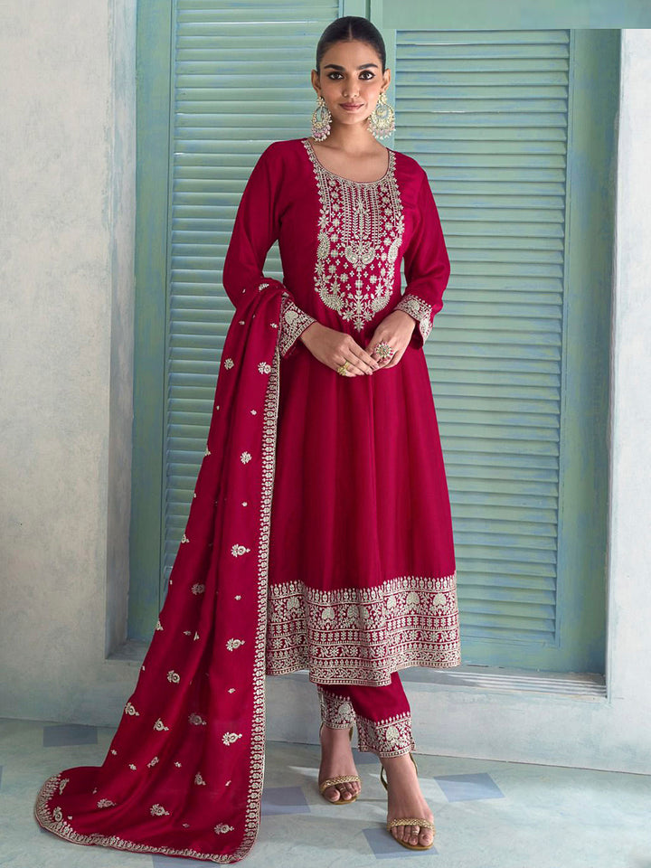Maroon Art Silk Embroidered Anarkali Kurti &amp; Pant With Dupatta
